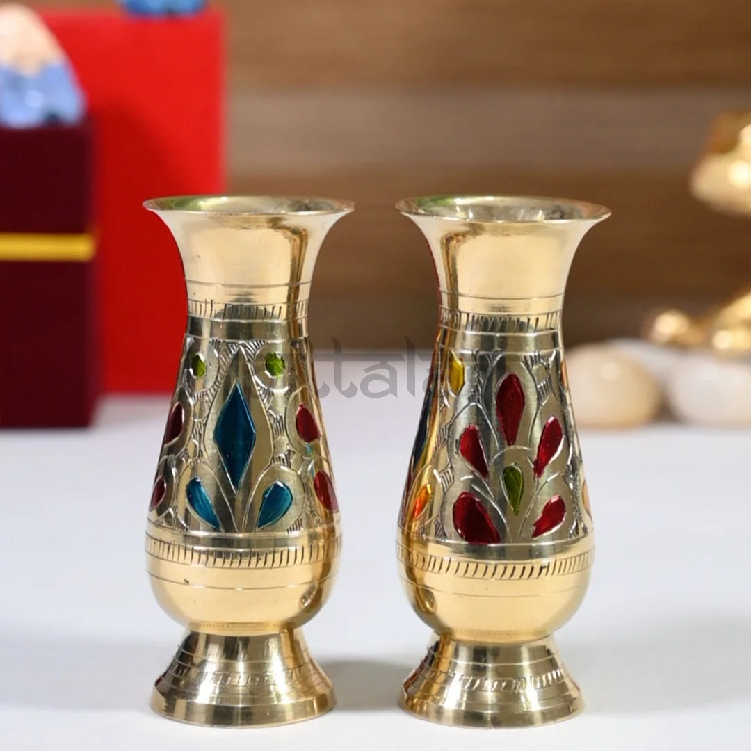 PITTALAM Brass Narrow Flower Vase (Gold) - Handcrafted Floral Detailing, Perfect to Fit Any Space
