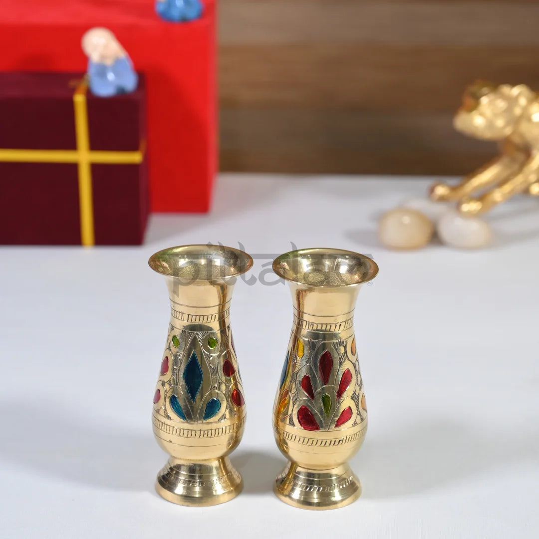 PITTALAM Brass Narrow Flower Vase (Gold) - Handcrafted Floral Detailing, Perfect to Fit Any Space