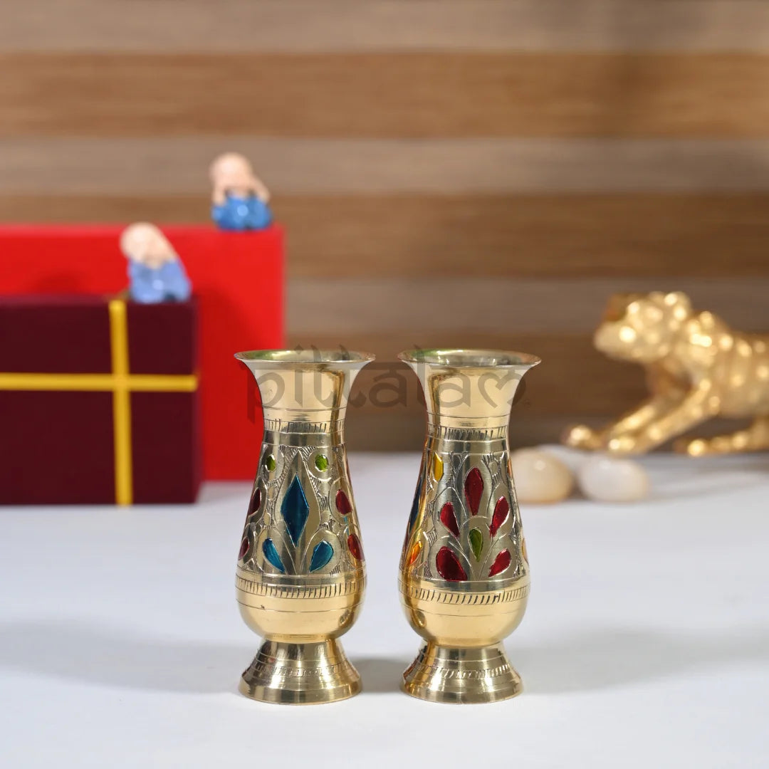 PITTALAM Brass Narrow Flower Vase (Gold) - Handcrafted Floral Detailing, Perfect to Fit Any Space