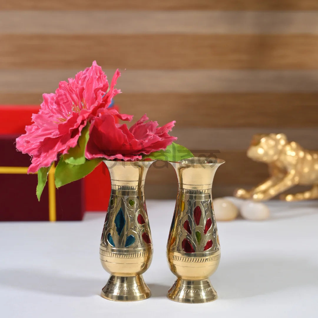 PITTALAM Brass Narrow Flower Vase (Gold) - Handcrafted Floral Detailing, Perfect to Fit Any Space
