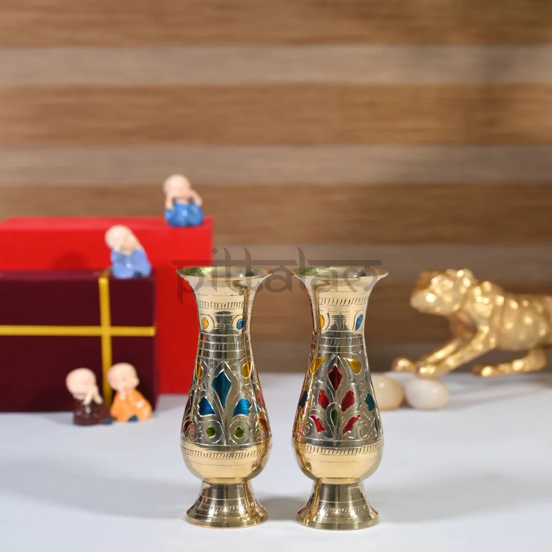PITTALAM Brass Narrow Flower Vase (Gold) - Handcrafted Floral Detailing, Perfect to Fit Any Space