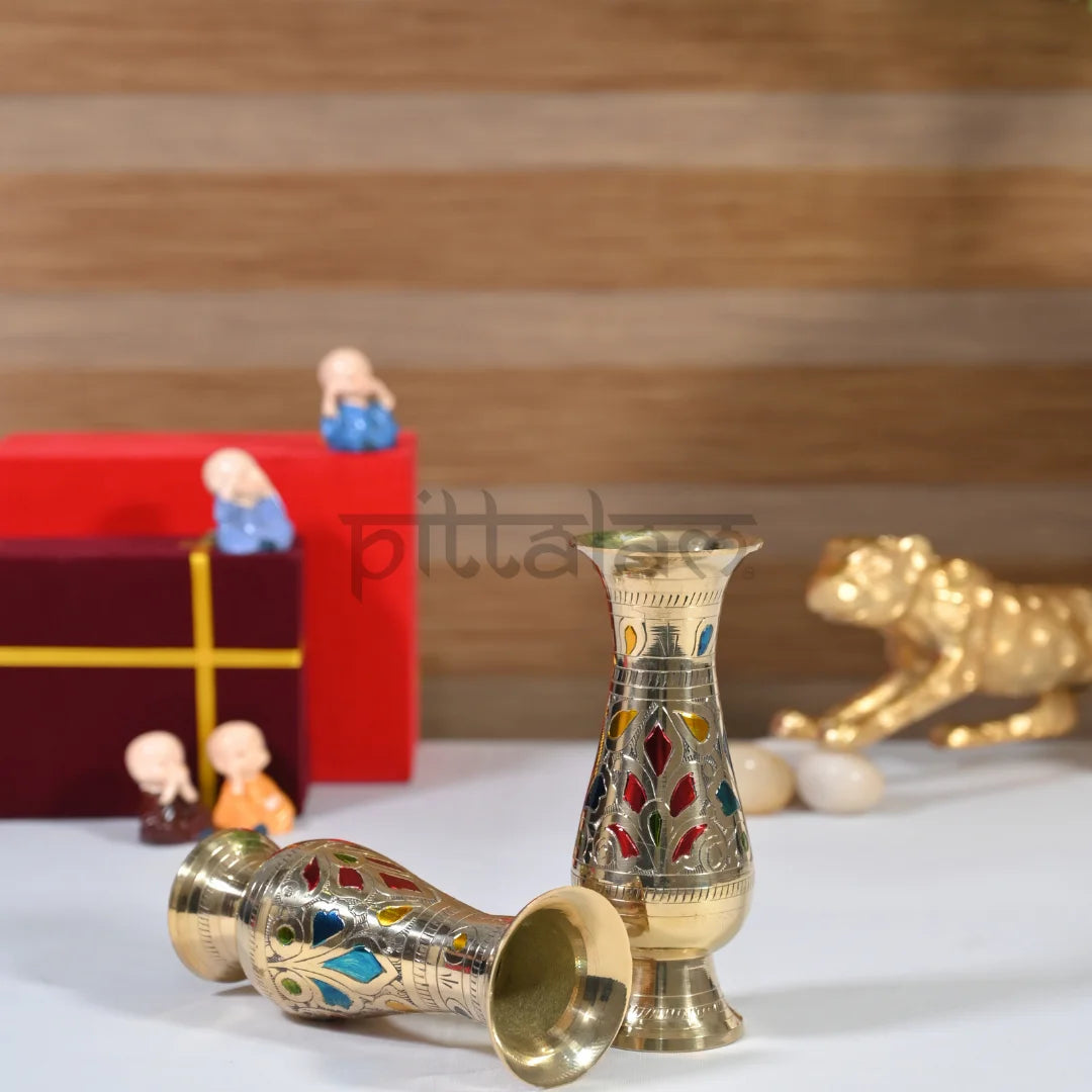 PITTALAM Brass Narrow Flower Vase (Gold) - Handcrafted Floral Detailing, Perfect to Fit Any Space