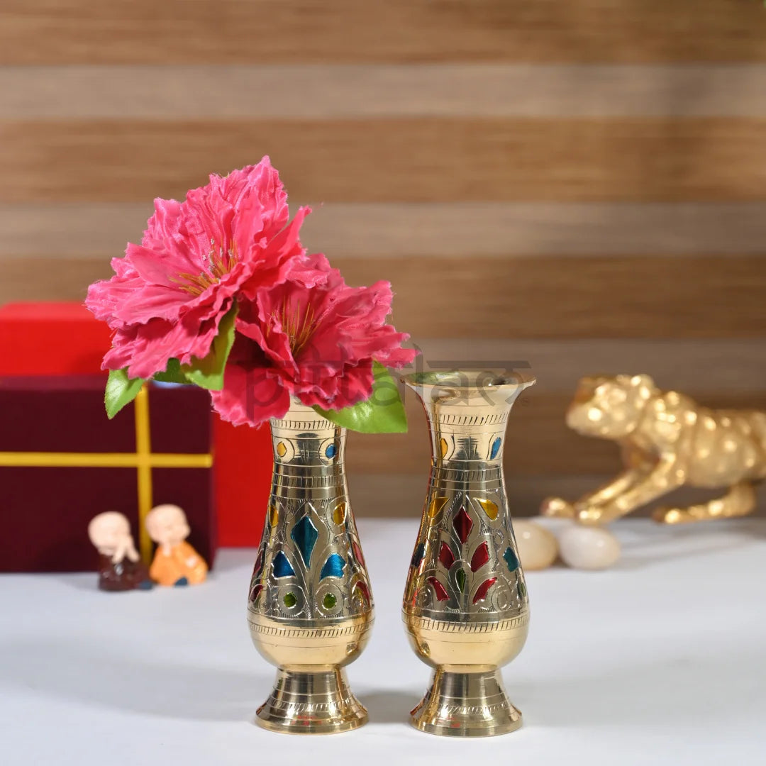 PITTALAM Brass Narrow Flower Vase (Gold) - Handcrafted Floral Detailing, Perfect to Fit Any Space