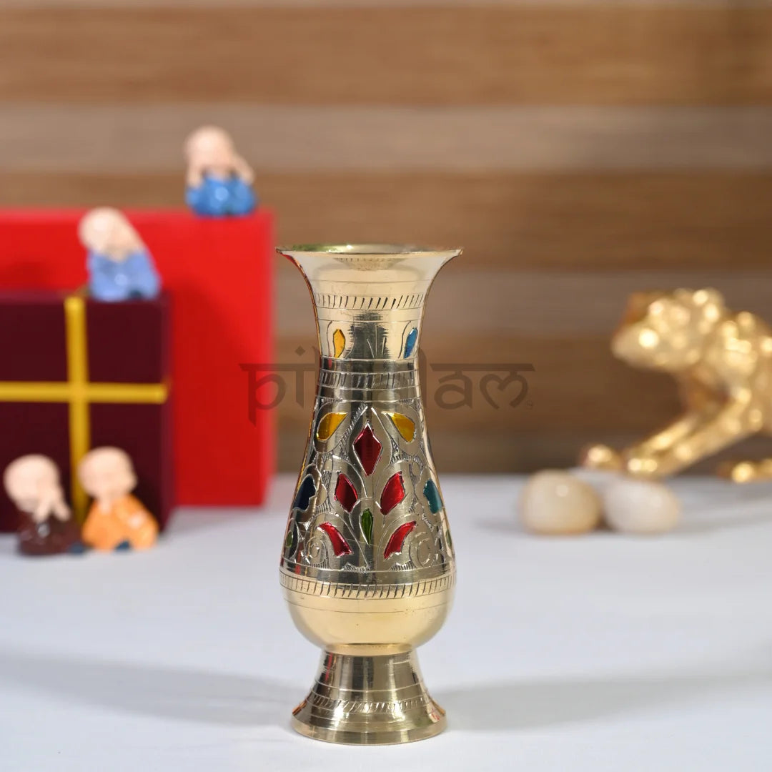 PITTALAM Brass Narrow Flower Vase (Gold) - Handcrafted Floral Detailing, Perfect to Fit Any Space