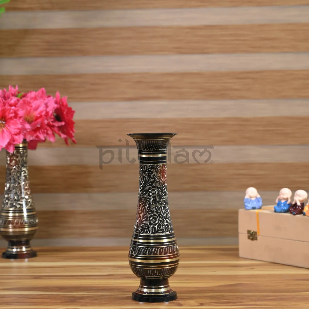 PITTALAM Brass Flower Vase (Narrow) - Hand-Carved Elegance for Your Decor