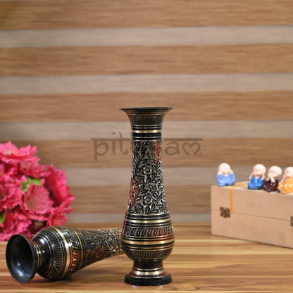 PITTALAM Brass Flower Vase (Narrow) - Hand-Carved Elegance for Your Decor