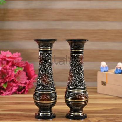 PITTALAM Brass Flower Vase (Narrow) - Hand-Carved Elegance for Your Decor