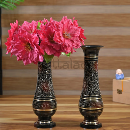 PITTALAM Brass Flower Vase (Narrow) - Hand-Carved Elegance for Your Decor