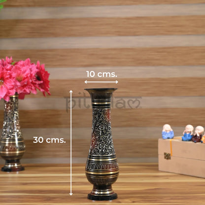 PITTALAM Brass Flower Vase (Narrow) - Hand-Carved Elegance for Your Decor