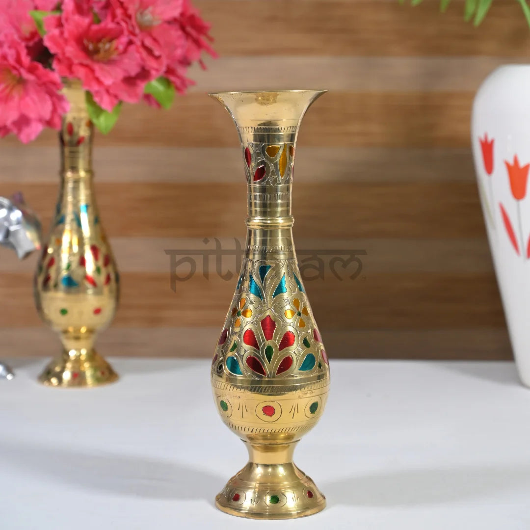 PITTALAM Brass Flower Vase (Narrow) - Hand-Carved Elegance for Your Decor