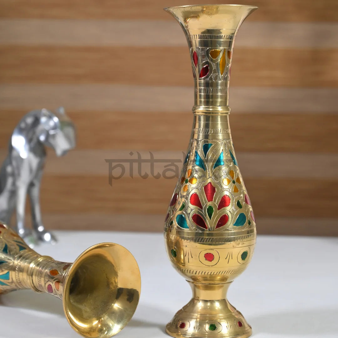 PITTALAM Brass Flower Vase (Narrow) - Hand-Carved Elegance for Your Decor