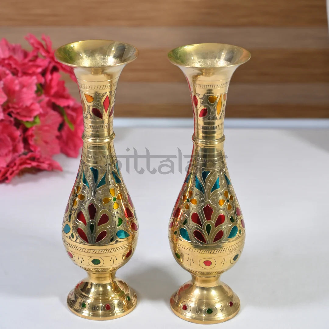 PITTALAM Brass Flower Vase (Narrow) - Hand-Carved Elegance for Your Decor