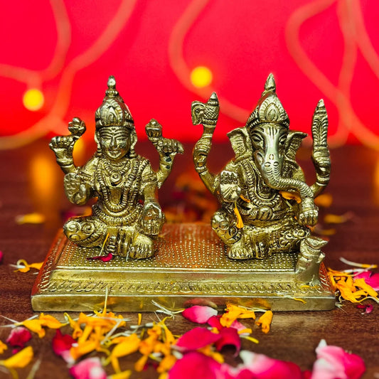 PITTALAM Brass Goddess Lakshmi with Lord Ganesha Idol - Divine Harmony