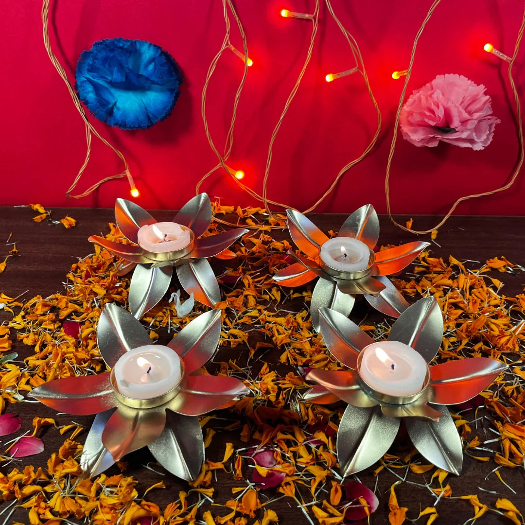 PITTALAM Metal Lotus Diya with Leafs (Pack of 4)- Simplistic Elegance in Metal