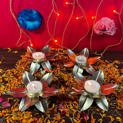 PITTALAM Metal Lotus Diya with Leafs (Pack of 4)- Simplistic Elegance in Metal